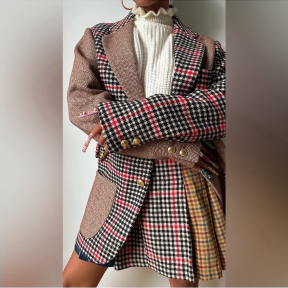 Rowing Blazers Brown, Black & Red Mixed Plaid Patchwork Blazer